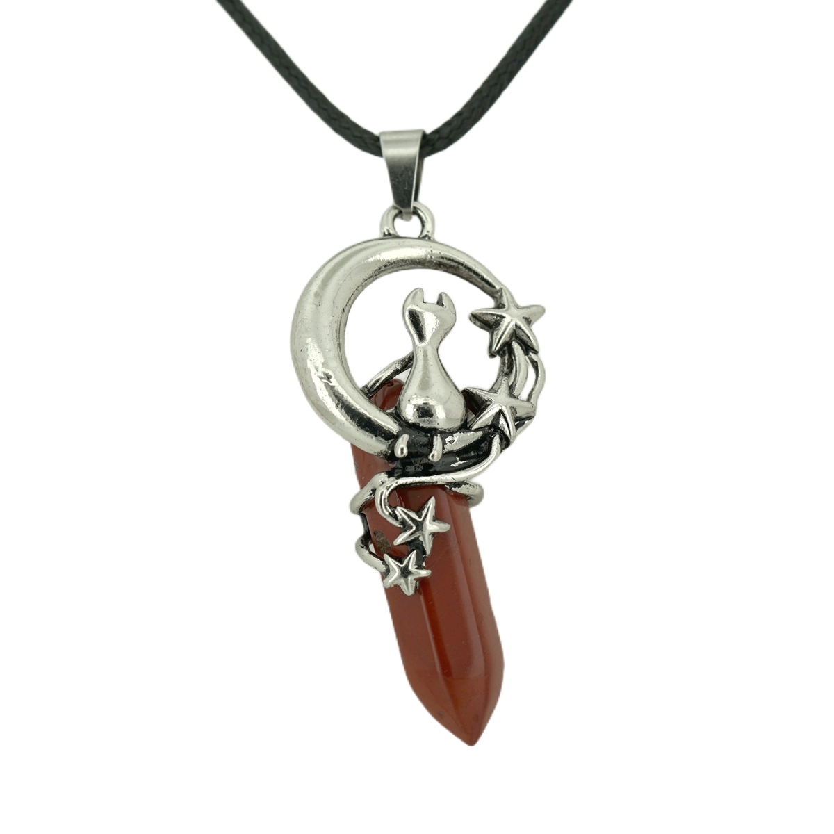 1 Pc Cute Lucky Moon Cat Hexagon Healing Crystal Pendant Necklace Crescent Moon and Star Gemstone Jewelry for Women Girls