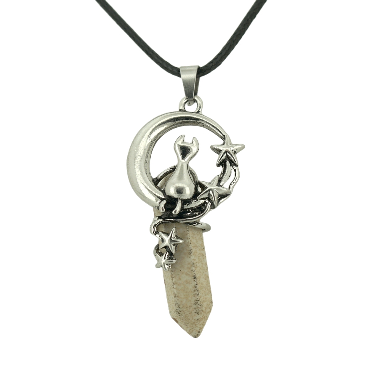 1 Pc Cute Lucky Moon Cat Hexagon Healing Crystal Pendant Necklace Crescent Moon and Star Gemstone Jewelry for Women Girls