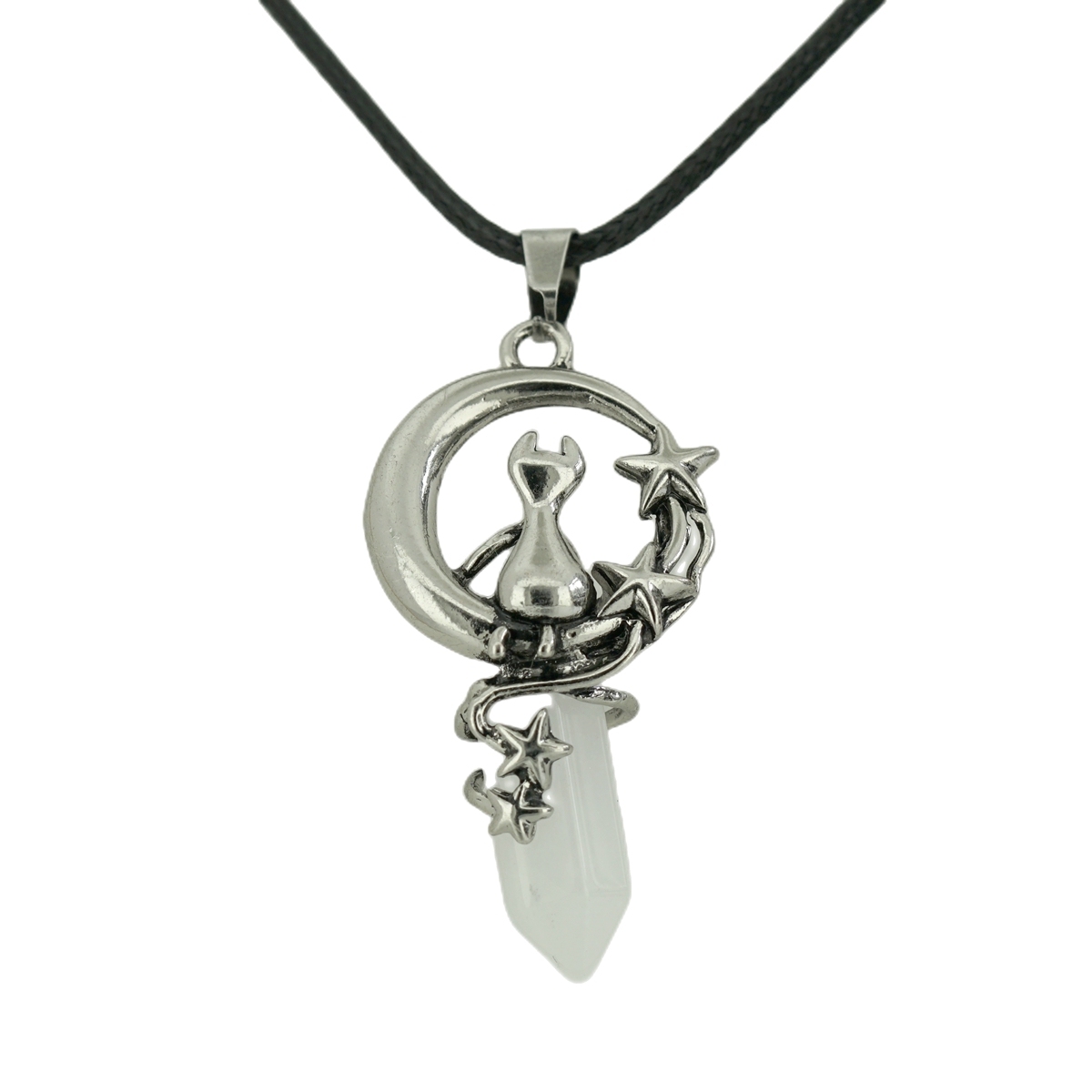 1 Pc Cute Lucky Moon Cat Hexagon Healing Crystal Pendant Necklace Crescent Moon and Star Gemstone Jewelry for Women Girls