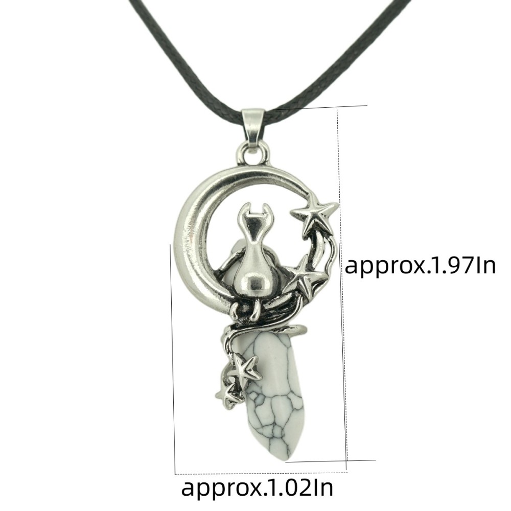 1 Pc Cute Lucky Moon Cat Hexagon Healing Crystal Pendant Necklace Crescent Moon and Star Gemstone Jewelry for Women Girls