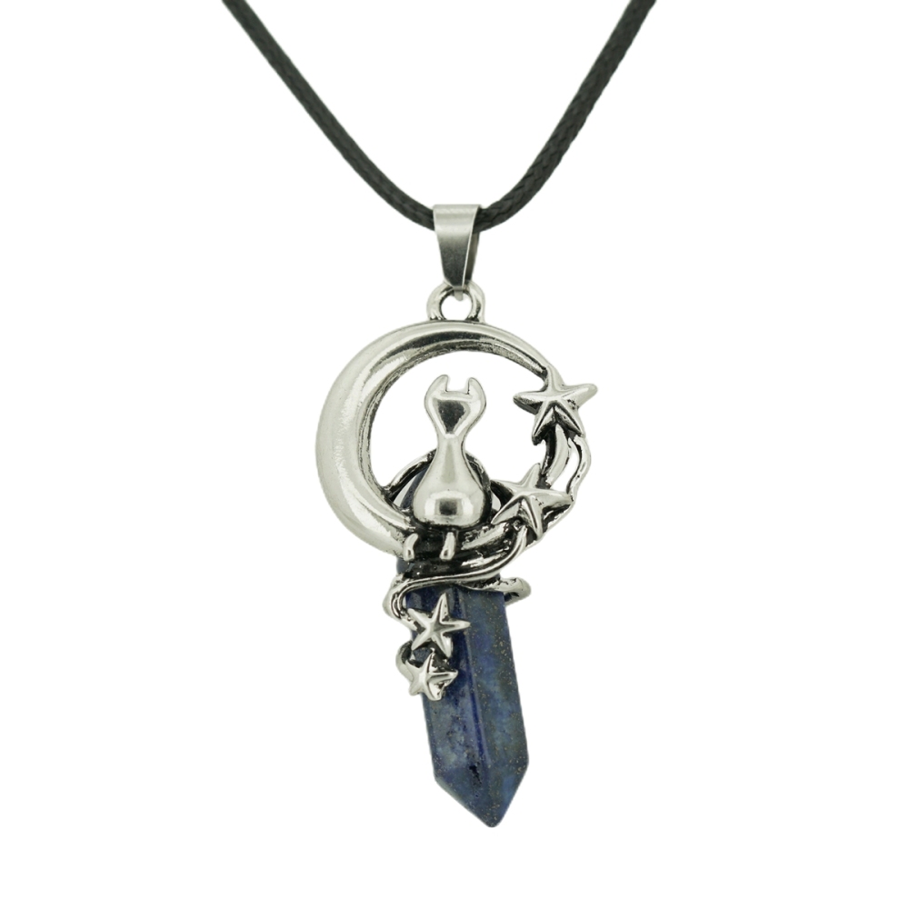 1 Pc Cute Lucky Moon Cat Hexagon Healing Crystal Pendant Necklace Crescent Moon and Star Gemstone Jewelry for Women Girls