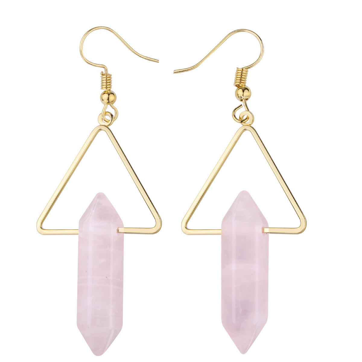 1 Pair Real Natural Crystal Hexagonal Reiki Chakra Energy Gemstone Triangle Gold Dangle Earrings for Women Girls