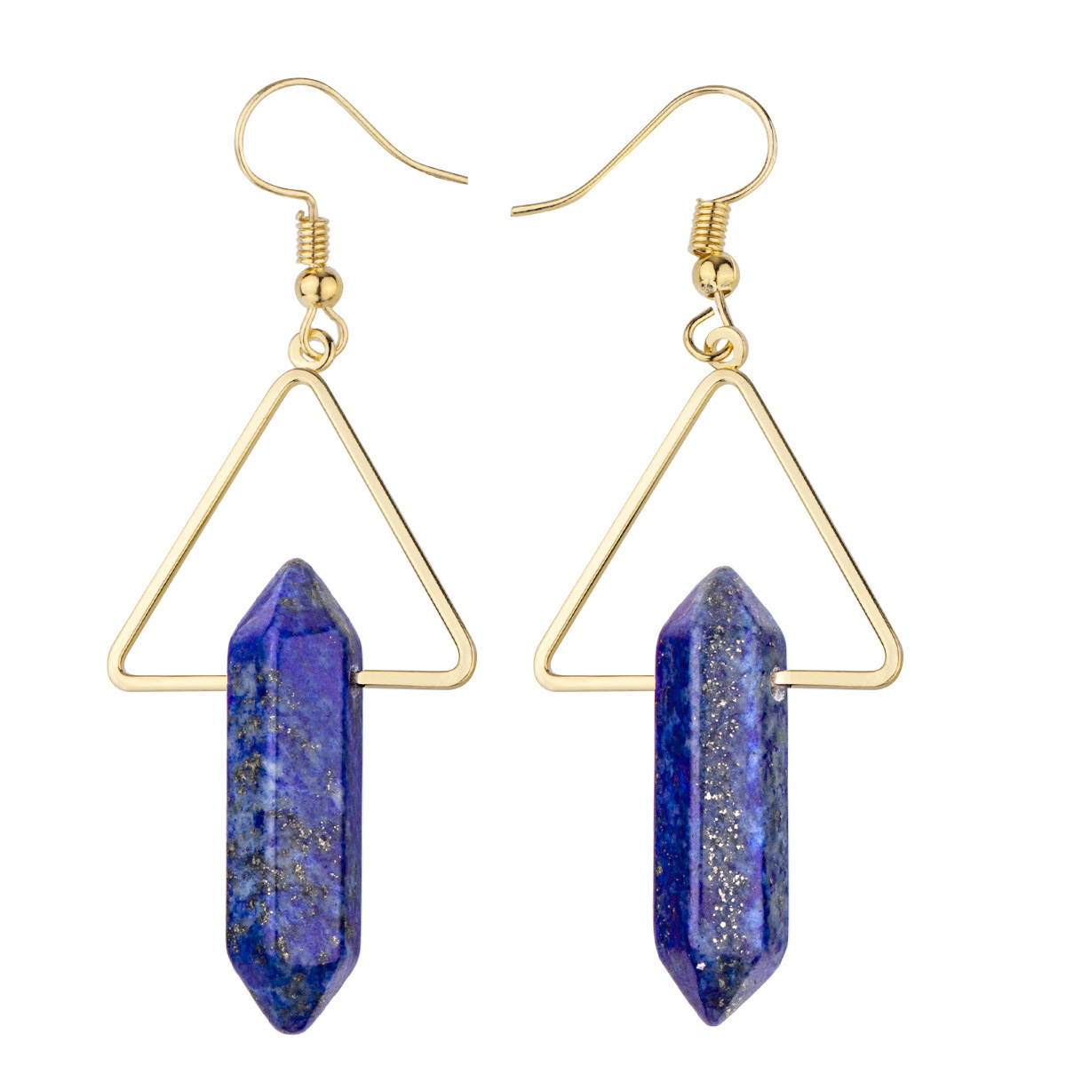 1 Pair Real Natural Crystal Hexagonal Reiki Chakra Energy Gemstone Triangle Gold Dangle Earrings for Women Girls