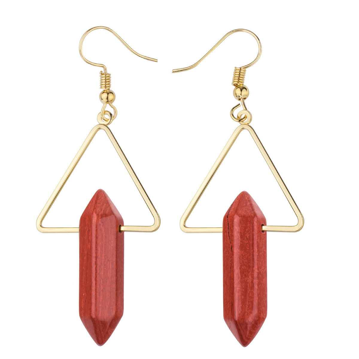 1 Pair Real Natural Crystal Hexagonal Reiki Chakra Energy Gemstone Triangle Gold Dangle Earrings for Women Girls