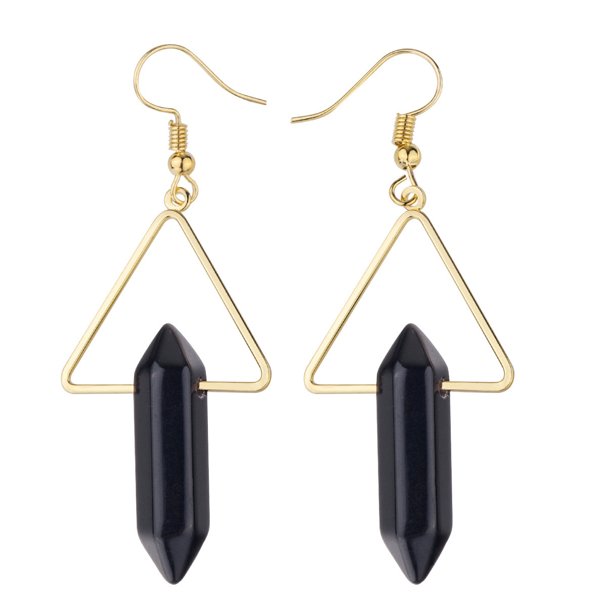 1 Pair Real Natural Crystal Hexagonal Reiki Chakra Energy Gemstone Triangle Gold Dangle Earrings for Women Girls