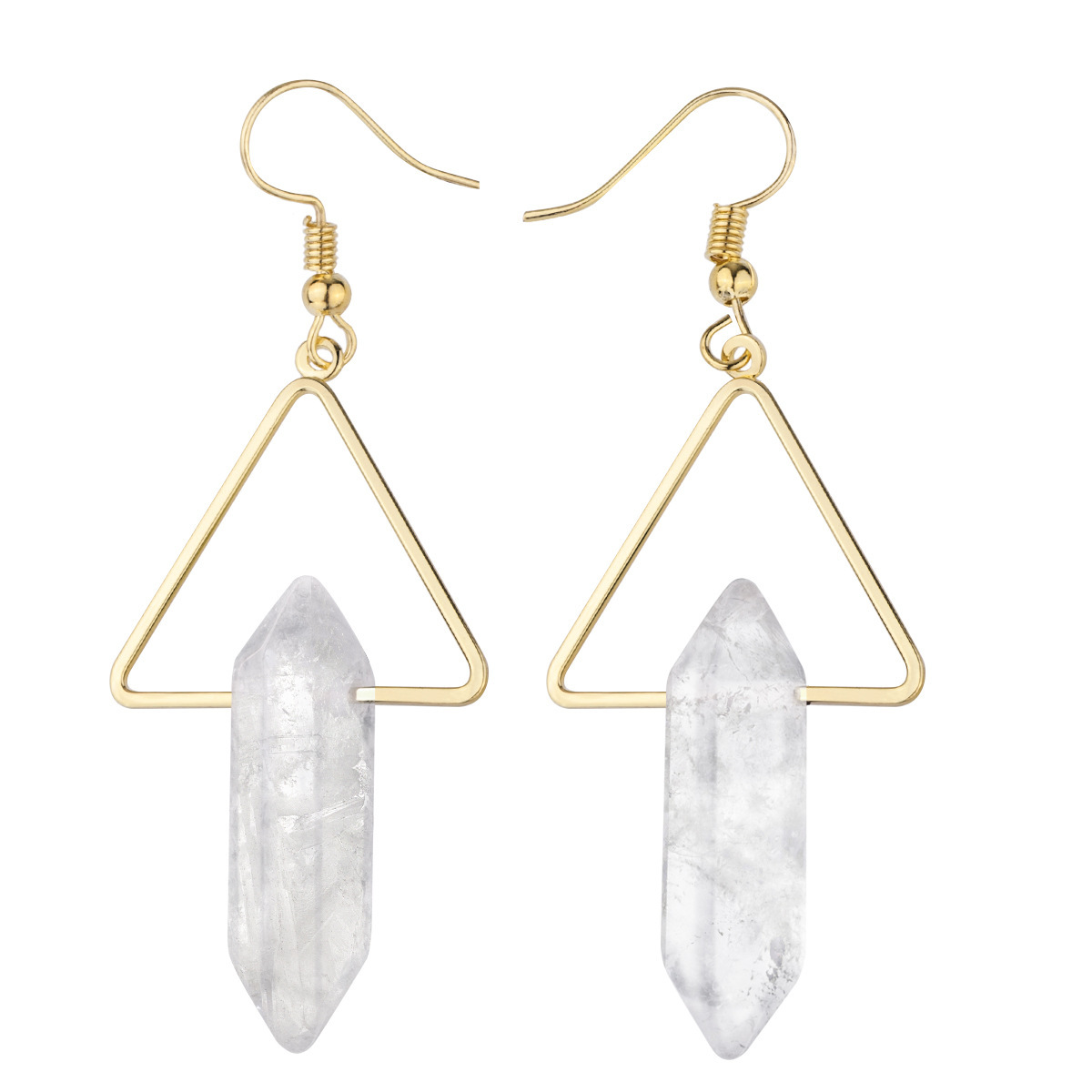 1 Pair Real Natural Crystal Hexagonal Reiki Chakra Energy Gemstone Triangle Gold Dangle Earrings for Women Girls
