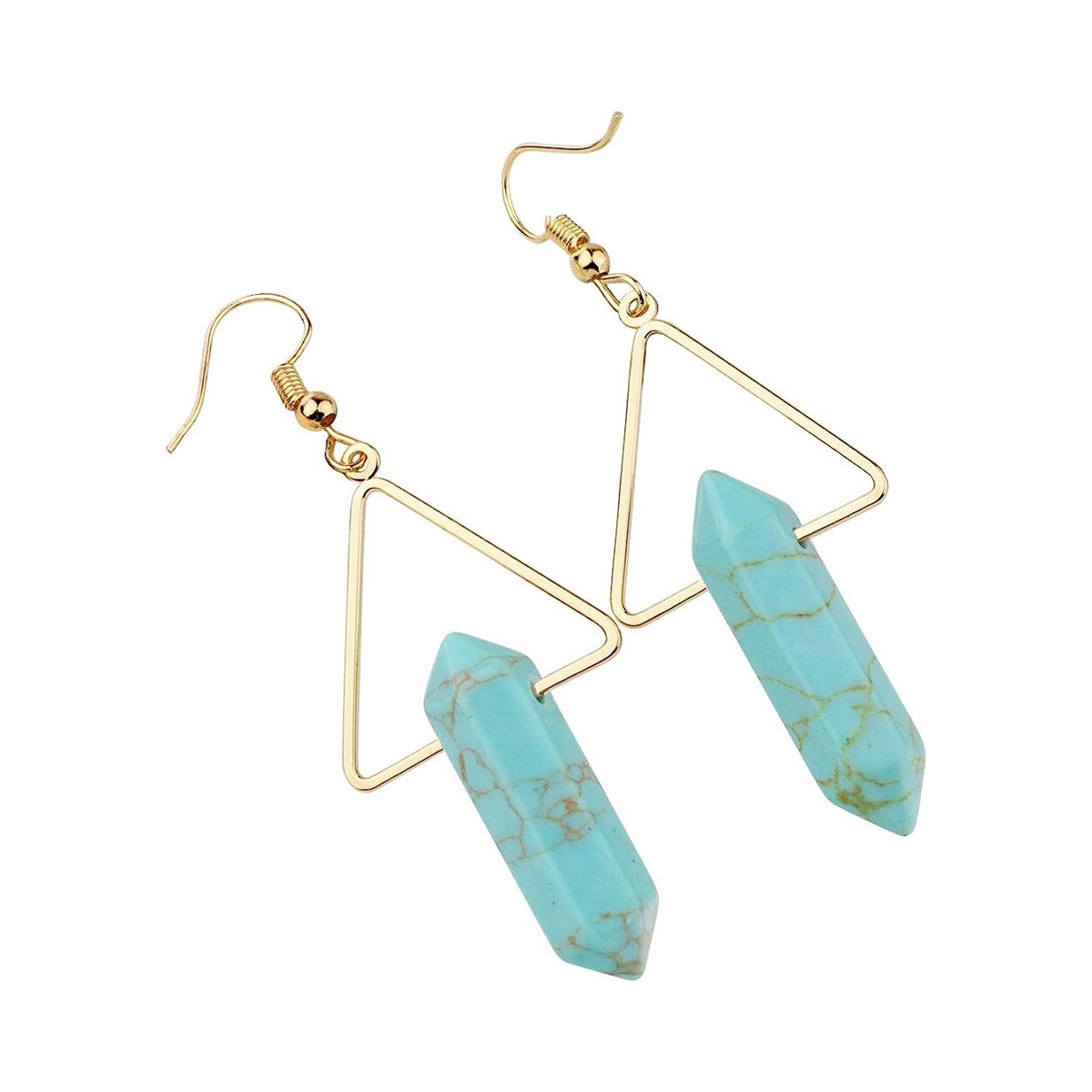 1 Pair Real Natural Crystal Hexagonal Reiki Chakra Energy Gemstone Triangle Gold Dangle Earrings for Women Girls