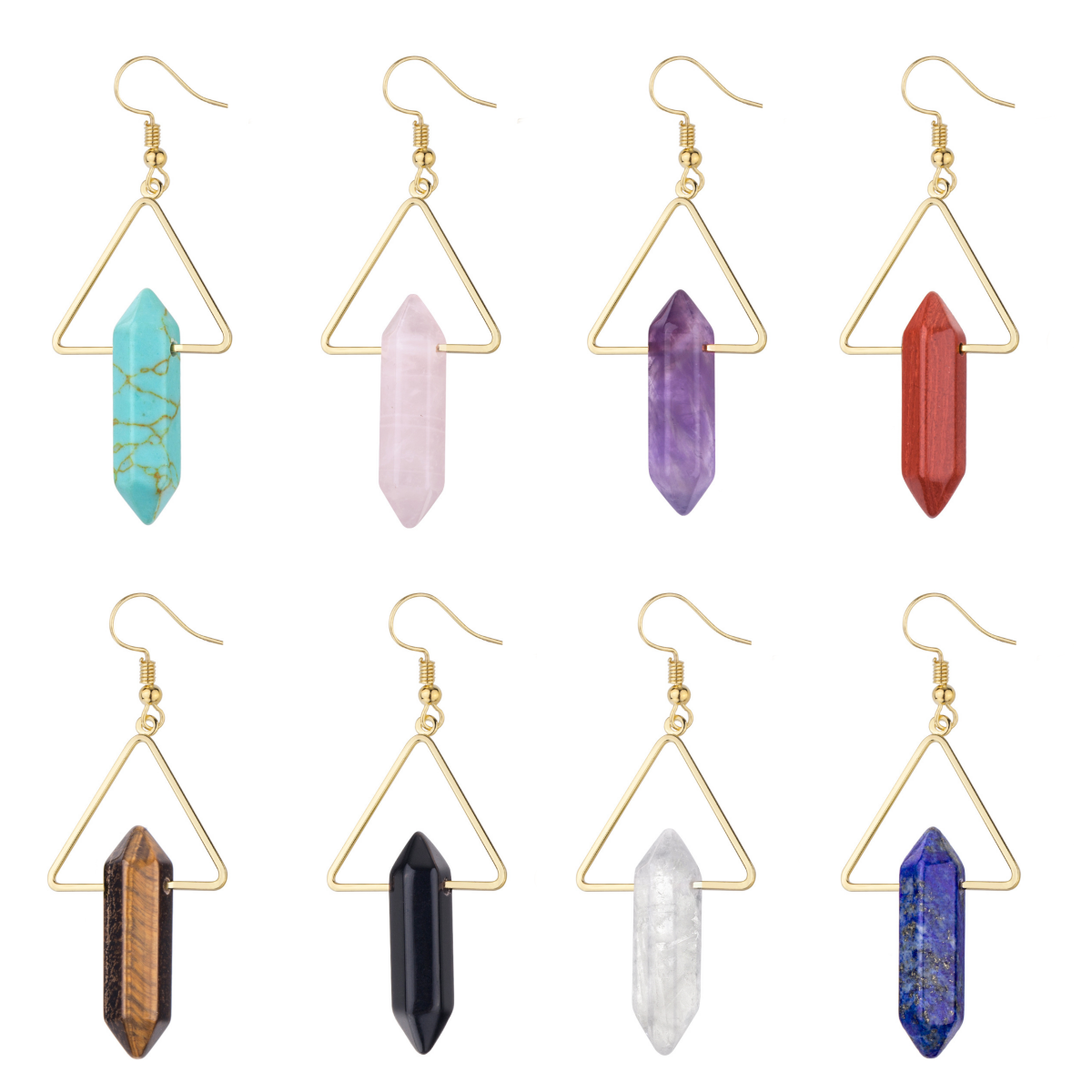 1 Pair Real Natural Crystal Hexagonal Reiki Chakra Energy Gemstone Triangle Gold Dangle Earrings for Women Girls