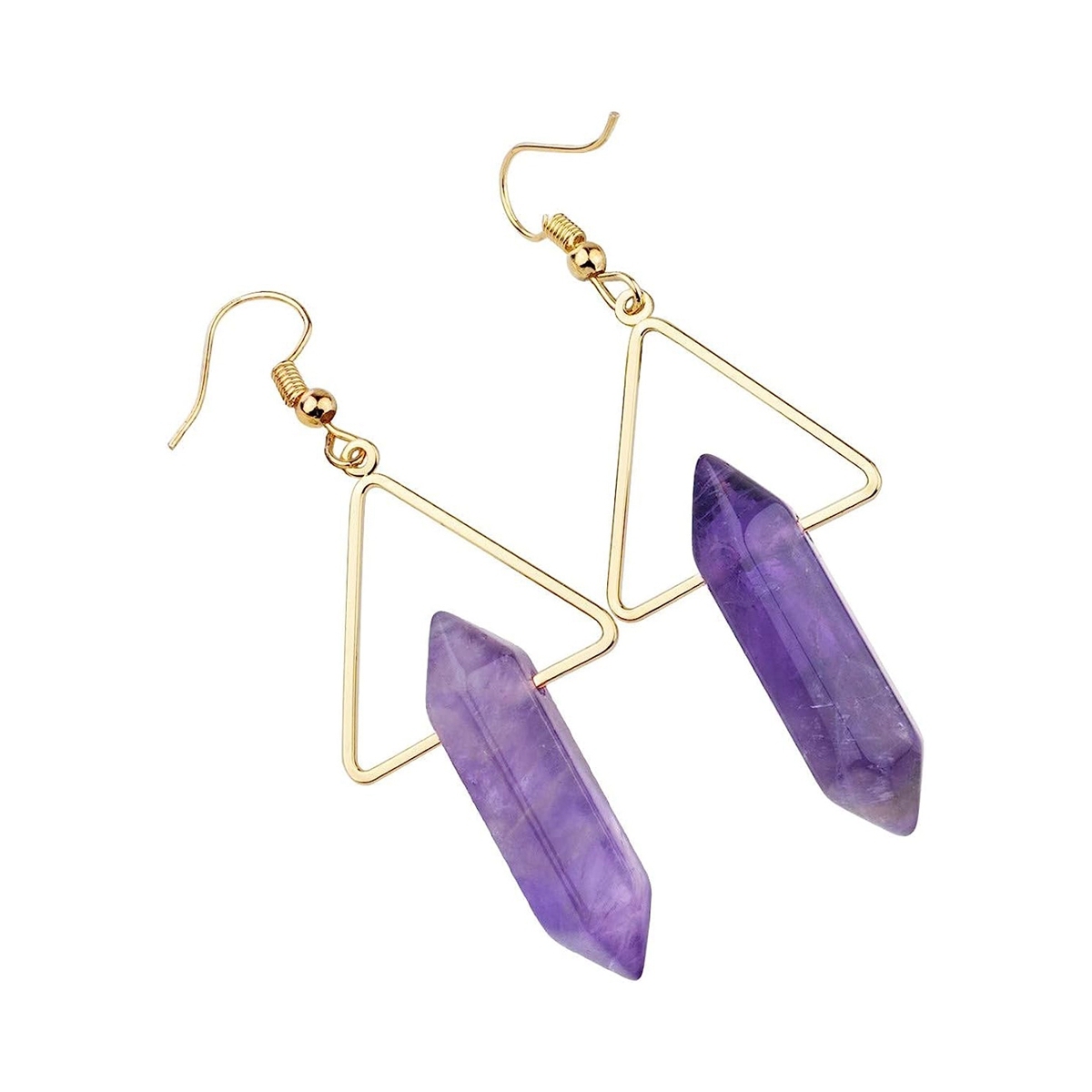 1 Pair Real Natural Crystal Hexagonal Reiki Chakra Energy Gemstone Triangle Gold Dangle Earrings for Women Girls
