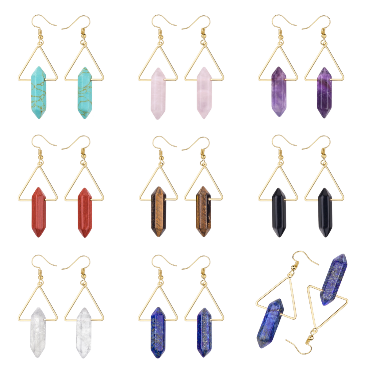 1 Pair Real Natural Crystal Hexagonal Reiki Chakra Energy Gemstone Triangle Gold Dangle Earrings for Women Girls