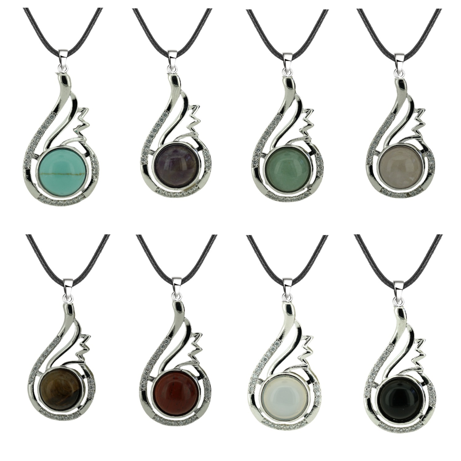 1 Pc Dainty Healing Swan Wrapped Round Crystal Stone Pendant Necklace Adjustable Wing Necklace with Diamond for Men Women