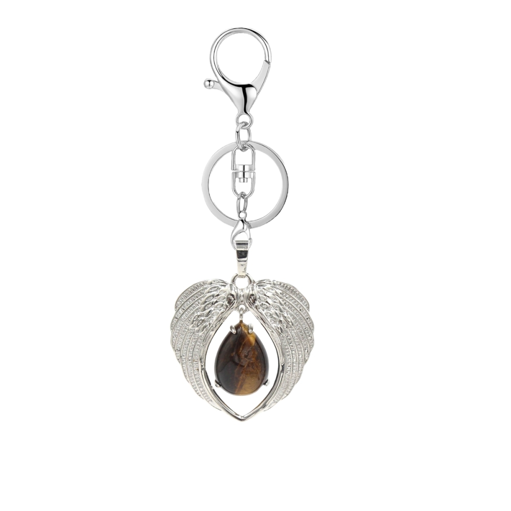 1 Pc Angel Wings Embracing Water Drop Stone Pendant Keychain Charms Healing Natural Crystal Silver Alloy Keyring
