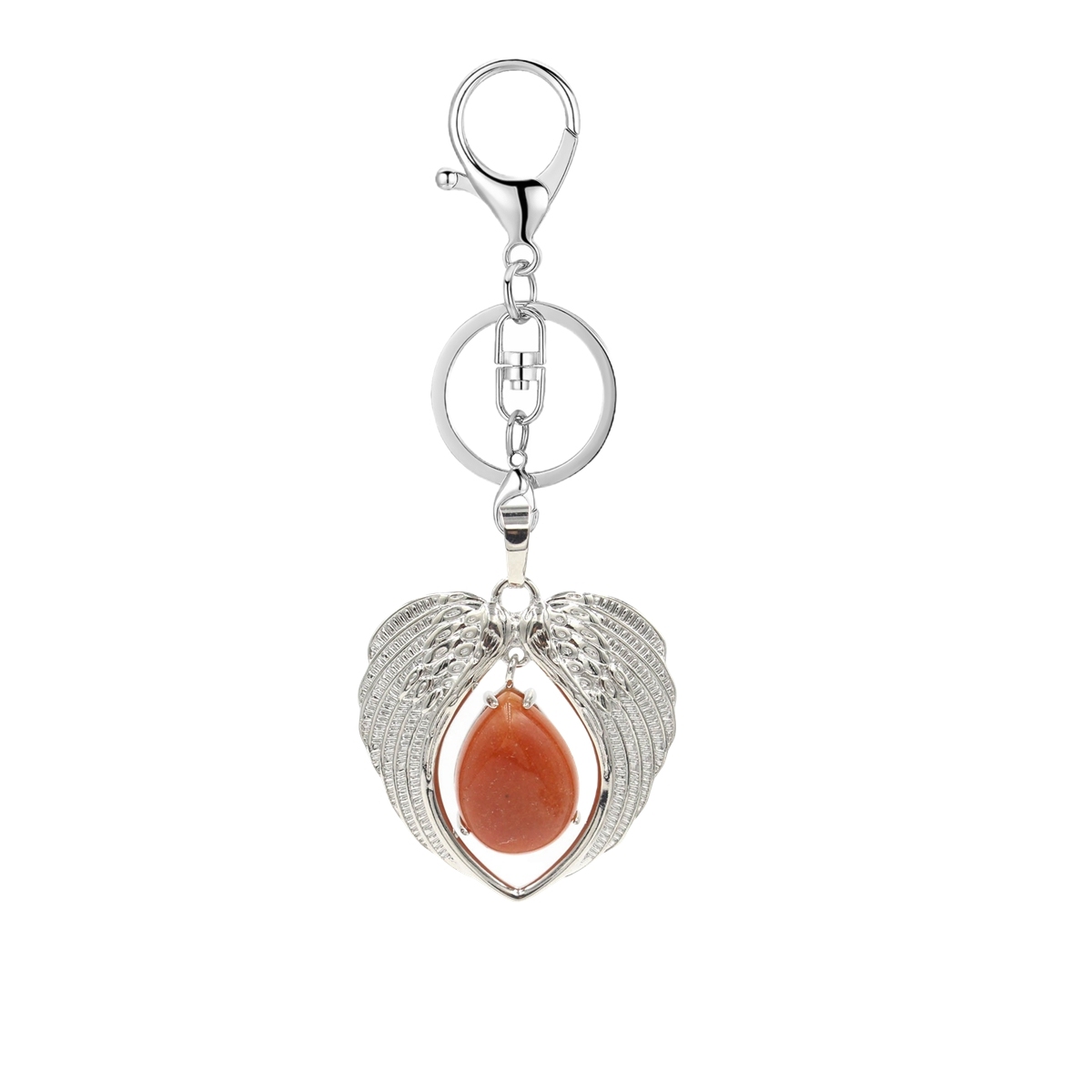1 Pc Angel Wings Embracing Water Drop Stone Pendant Keychain Charms Healing Natural Crystal Silver Alloy Keyring