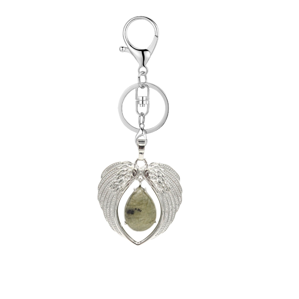 1 Pc Angel Wings Embracing Water Drop Stone Pendant Keychain Charms Healing Natural Crystal Silver Alloy Keyring