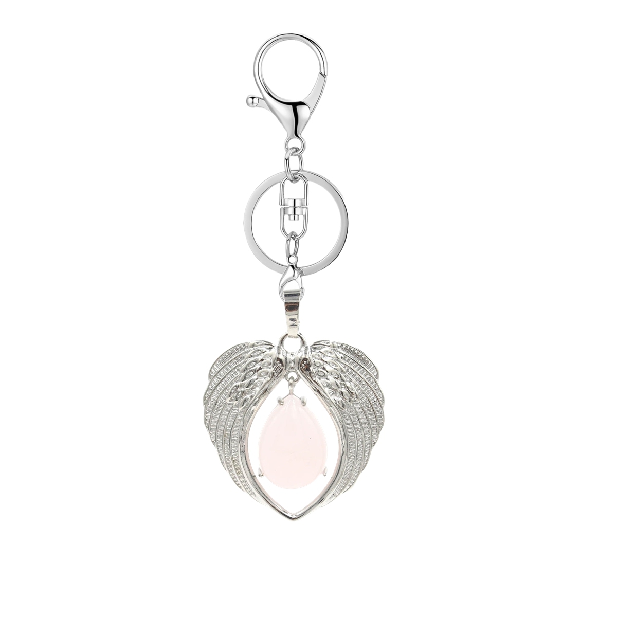 1 Pc Angel Wings Embracing Water Drop Stone Pendant Keychain Charms Healing Natural Crystal Silver Alloy Keyring