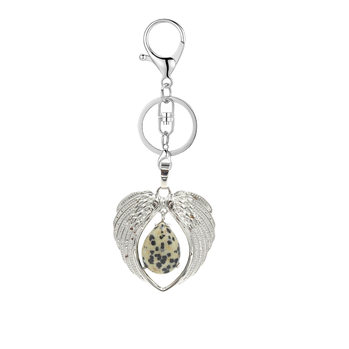 1 Pc Angel Wings Embracing Water Drop Stone Pendant Keychain Charms Healing Natural Crystal Silver Alloy Keyring