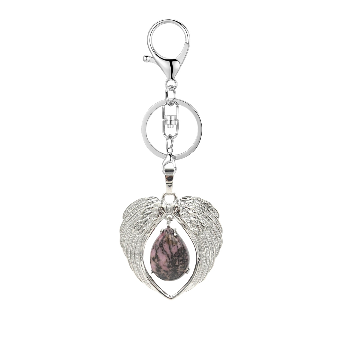 1 Pc Angel Wings Embracing Water Drop Stone Pendant Keychain Charms Healing Natural Crystal Silver Alloy Keyring