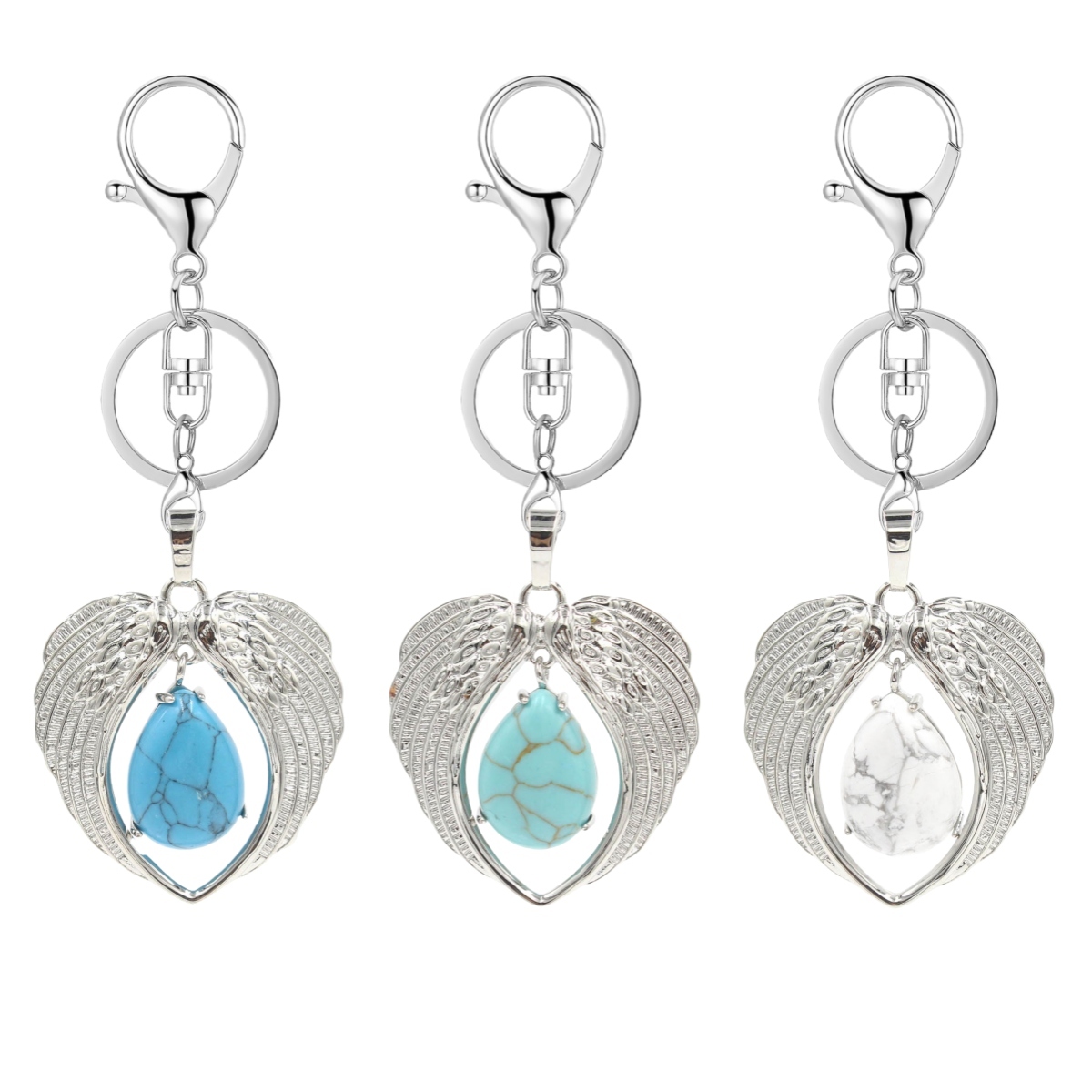 1 Pc Angel Wings Embracing Water Drop Stone Pendant Keychain Charms Healing Natural Crystal Silver Alloy Keyring