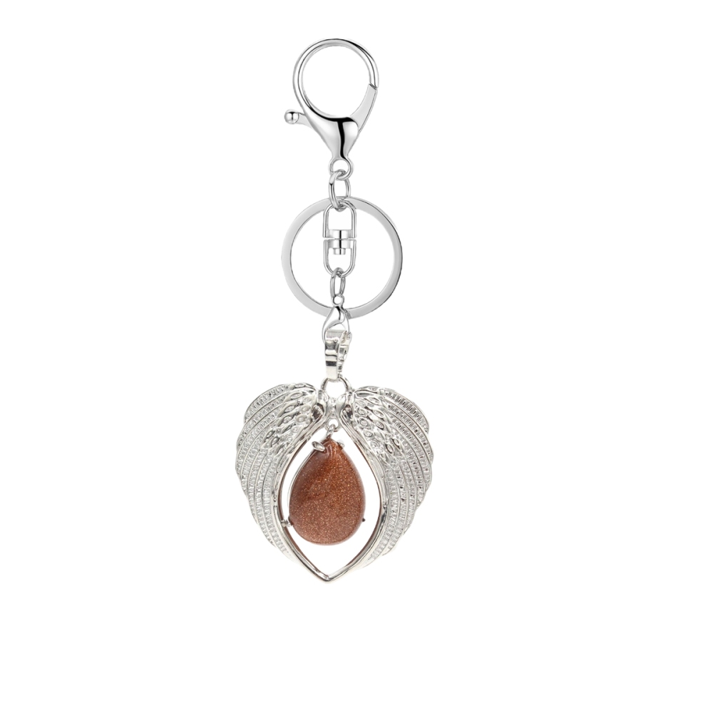 1 Pc Angel Wings Embracing Water Drop Stone Pendant Keychain Charms Healing Natural Crystal Silver Alloy Keyring