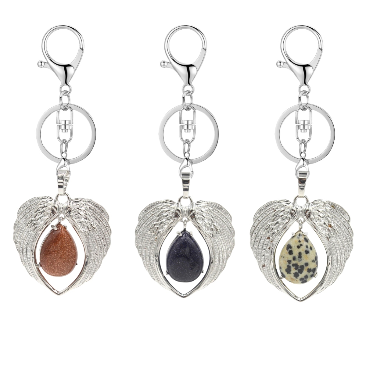 1 Pc Angel Wings Embracing Water Drop Stone Pendant Keychain Charms Healing Natural Crystal Silver Alloy Keyring
