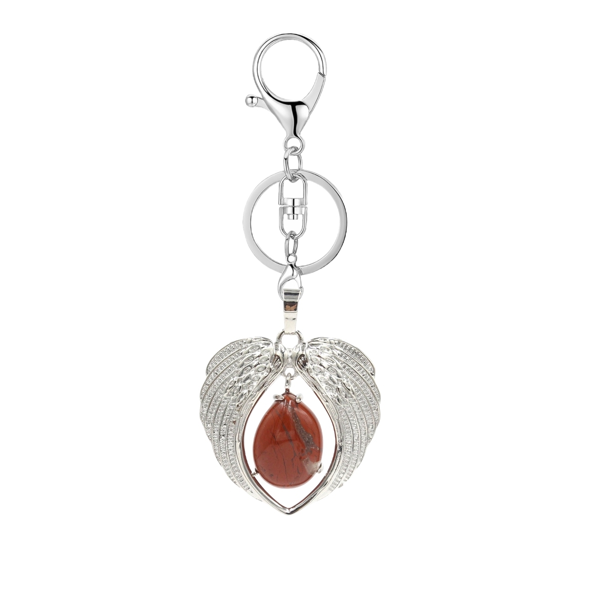 1 Pc Angel Wings Embracing Water Drop Stone Pendant Keychain Charms Healing Natural Crystal Silver Alloy Keyring