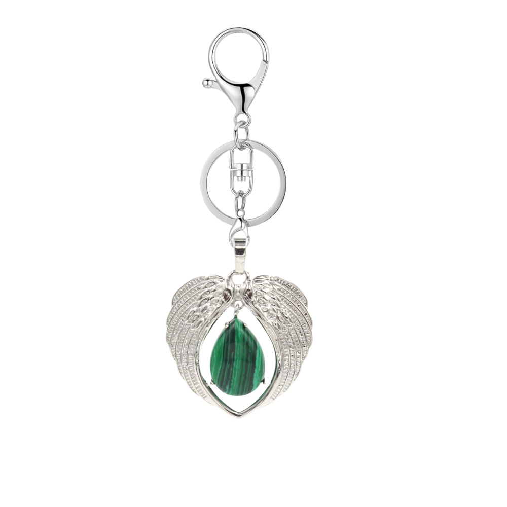 1 Pc Angel Wings Embracing Water Drop Stone Pendant Keychain Charms Healing Natural Crystal Silver Alloy Keyring