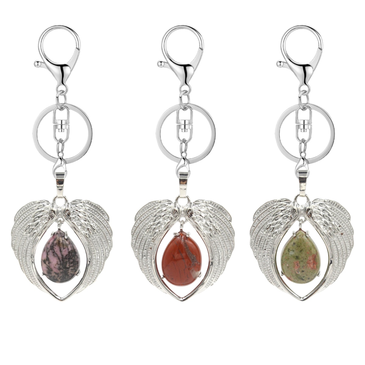 1 Pc Angel Wings Embracing Water Drop Stone Pendant Keychain Charms Healing Natural Crystal Silver Alloy Keyring
