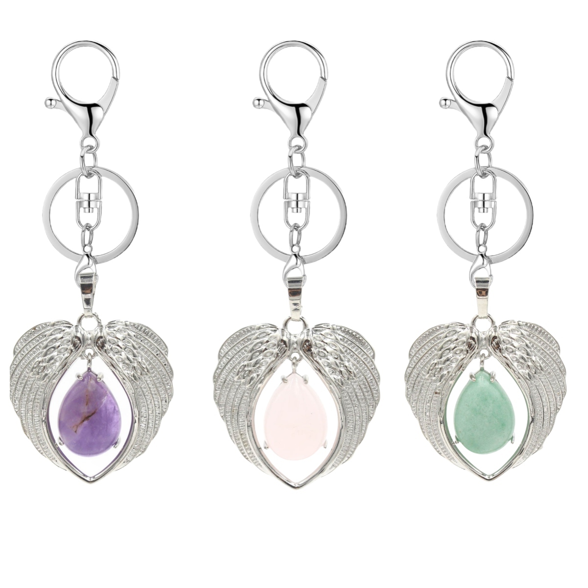 1 Pc Angel Wings Embracing Water Drop Stone Pendant Keychain Charms Healing Natural Crystal Silver Alloy Keyring