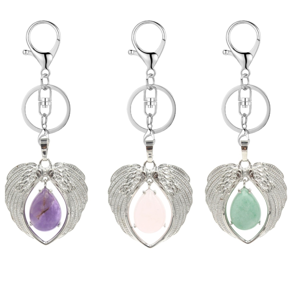1 Pc Angel Wings Embracing Water Drop Stone Pendant Keychain Charms Healing Natural Crystal Silver Alloy Keyring