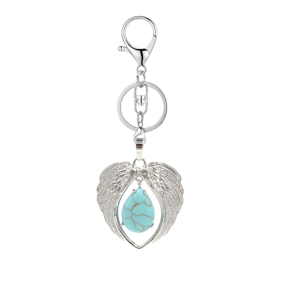 1 Pc Angel Wings Embracing Water Drop Stone Pendant Keychain Charms Healing Natural Crystal Silver Alloy Keyring