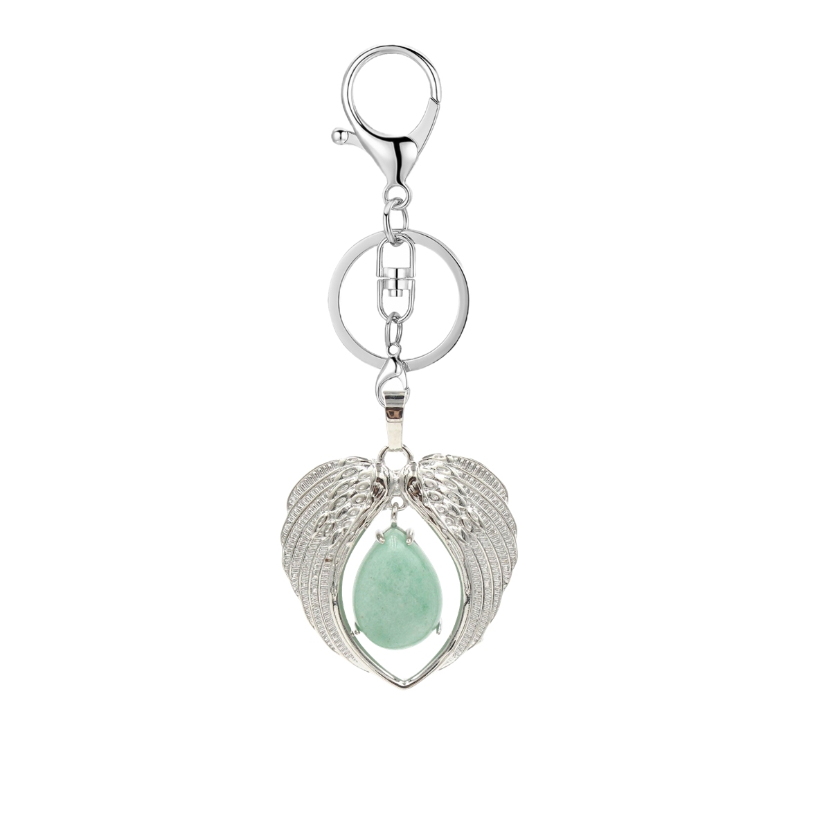 1 Pc Angel Wings Embracing Water Drop Stone Pendant Keychain Charms Healing Natural Crystal Silver Alloy Keyring