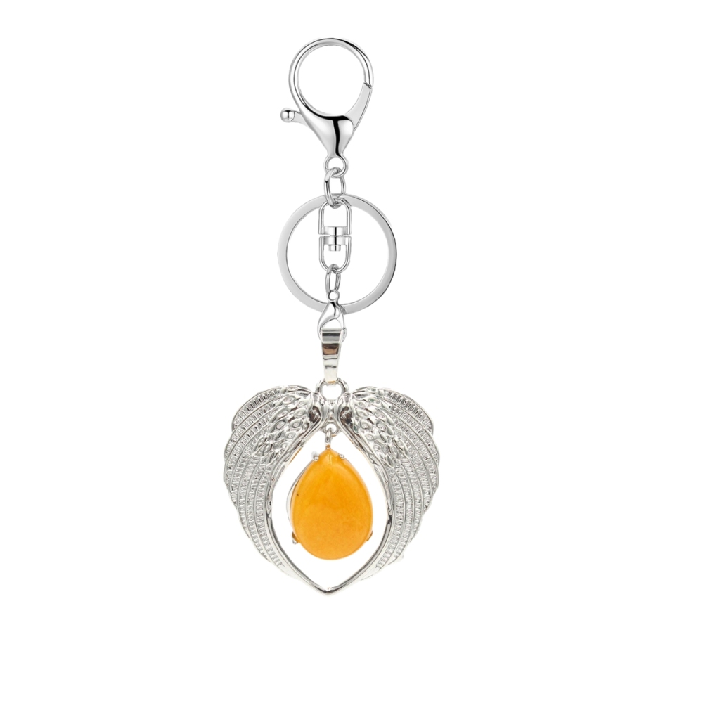 1 Pc Angel Wings Embracing Water Drop Stone Pendant Keychain Charms Healing Natural Crystal Silver Alloy Keyring