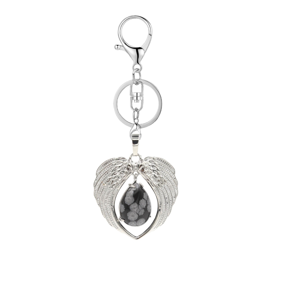 1 Pc Angel Wings Embracing Water Drop Stone Pendant Keychain Charms Healing Natural Crystal Silver Alloy Keyring