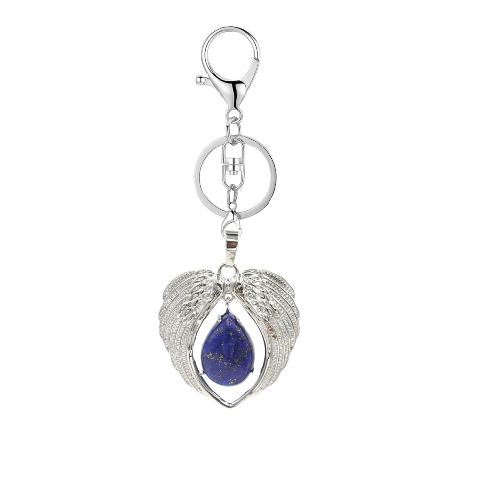 1 Pc Angel Wings Embracing Water Drop Stone Pendant Keychain Charms Healing Natural Crystal Silver Alloy Keyring