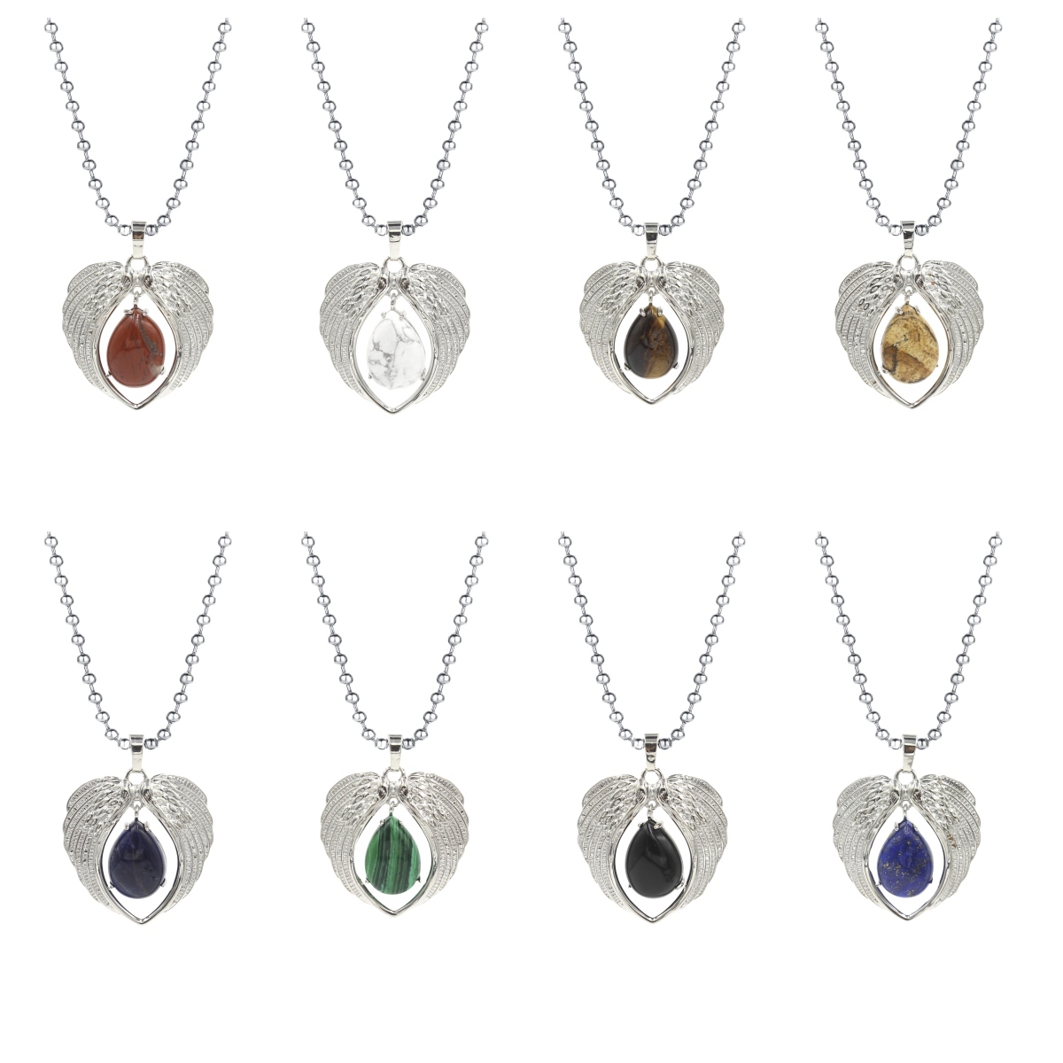 1 Pc Angel Wings Embracing Water Drop Stone Pendant Necklace Charms Healing Natural Crystal Silver Alloy Jewelry