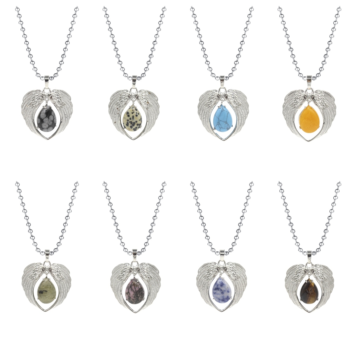 1 Pc Angel Wings Embracing Water Drop Stone Pendant Necklace Charms Healing Natural Crystal Silver Alloy Jewelry