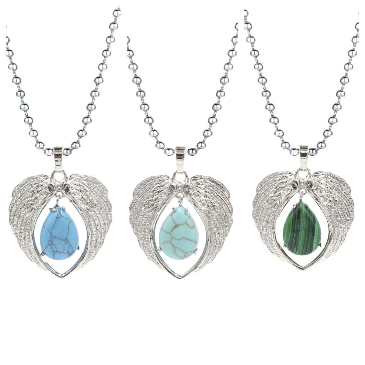 1 Pc Angel Wings Embracing Water Drop Stone Pendant Necklace Charms Healing Natural Crystal Silver Alloy Jewelry