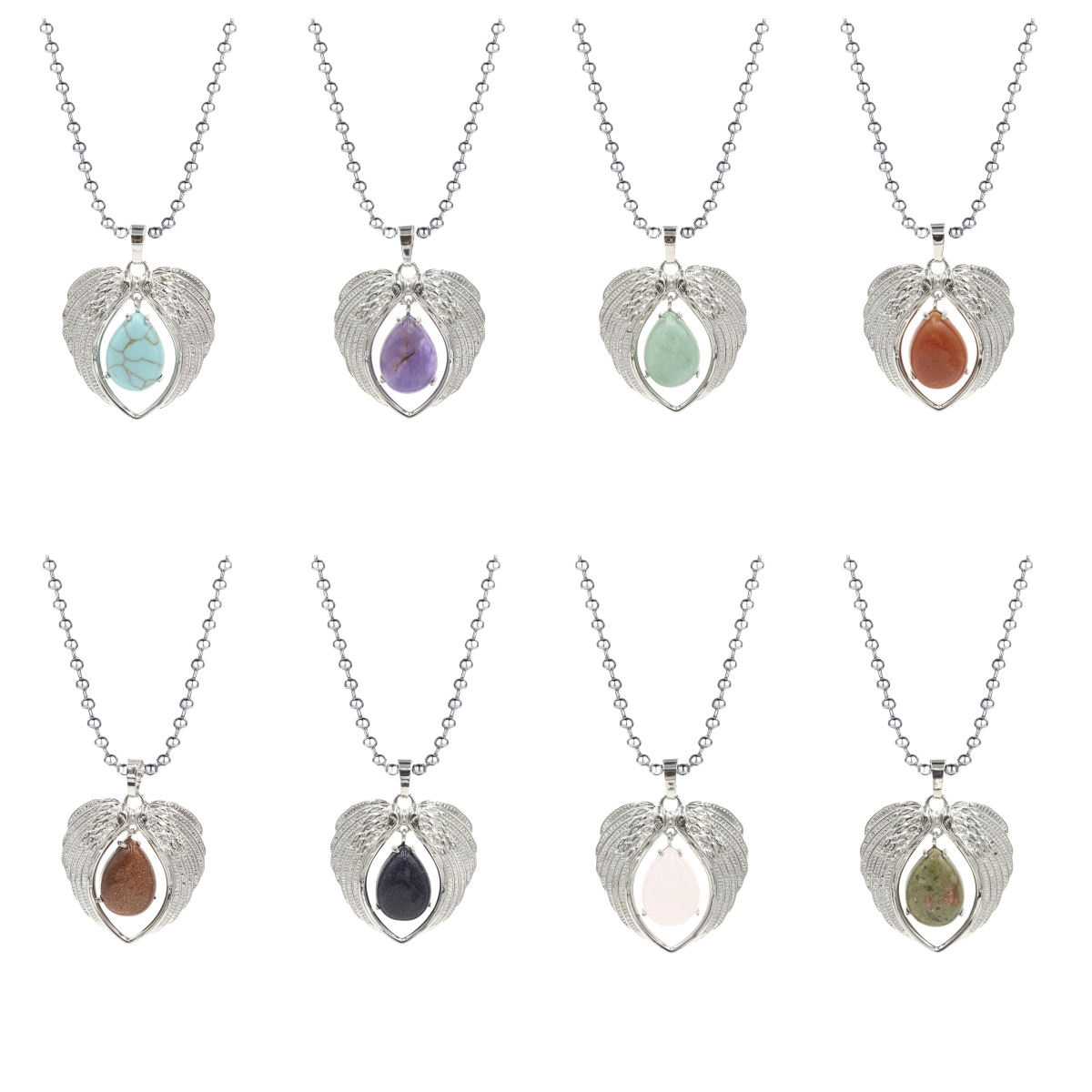 1 Pc Angel Wings Embracing Water Drop Stone Pendant Necklace Charms Healing Natural Crystal Silver Alloy Jewelry