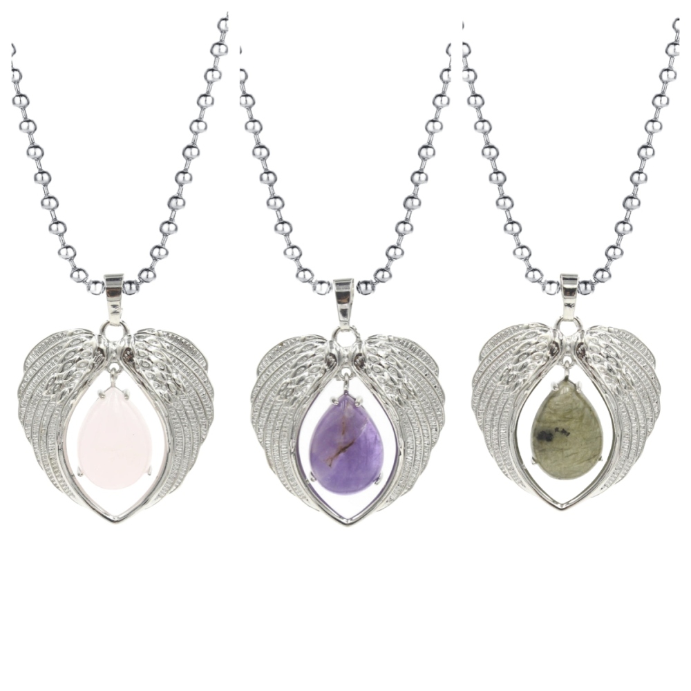 1 Pc Angel Wings Embracing Water Drop Stone Pendant Necklace Charms Healing Natural Crystal Silver Alloy Jewelry