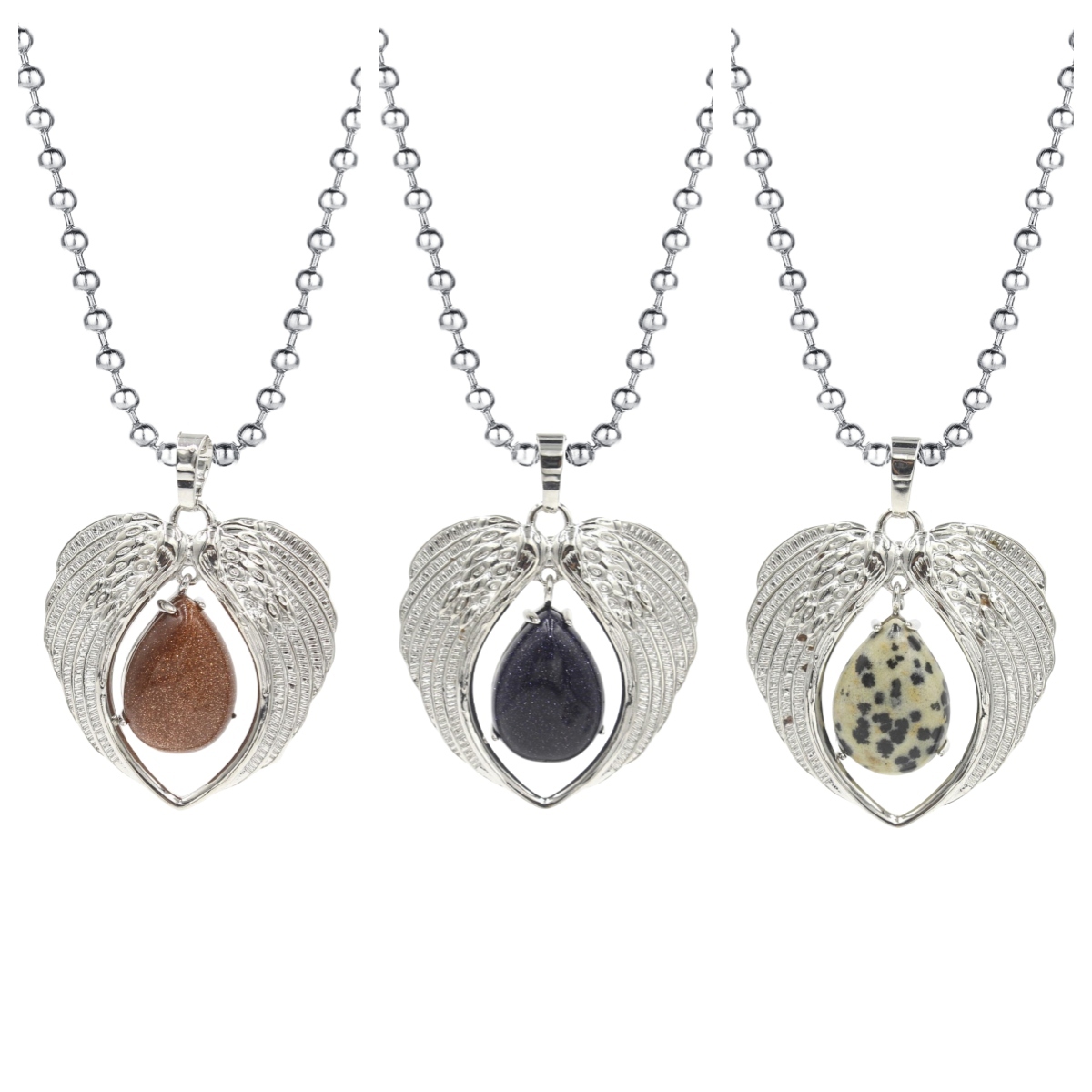 1 Pc Angel Wings Embracing Water Drop Stone Pendant Necklace Charms Healing Natural Crystal Silver Alloy Jewelry