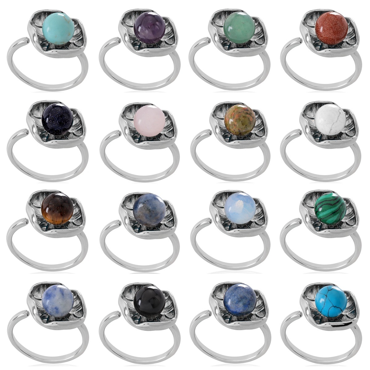 Dainty Handmade Natural Crystal Dewdrop Lotus Leaf Adjustable Silver Ring Gemstone Jewelry