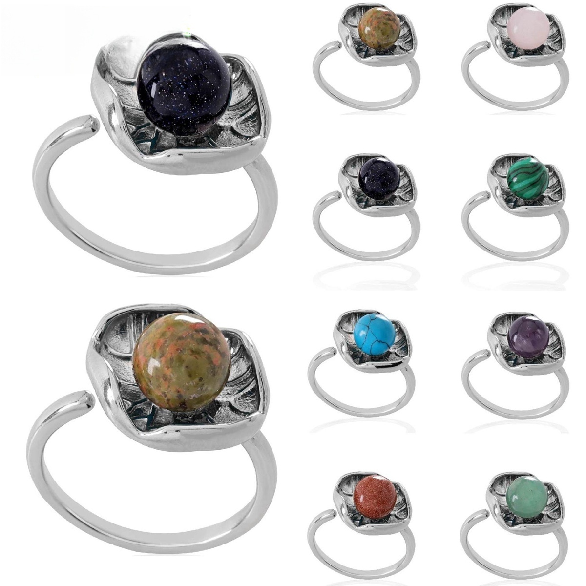1 Pc Dainty Handmade Natural Crystal Dewdrop Lotus Leaf Adjustable Silver Ring Gemstone Jewelry