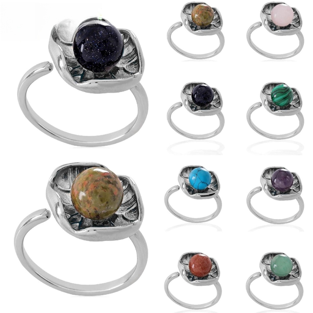 1 Pc Dainty Handmade Natural Crystal Dewdrop Lotus Leaf Adjustable Silver Ring Gemstone Jewelry
