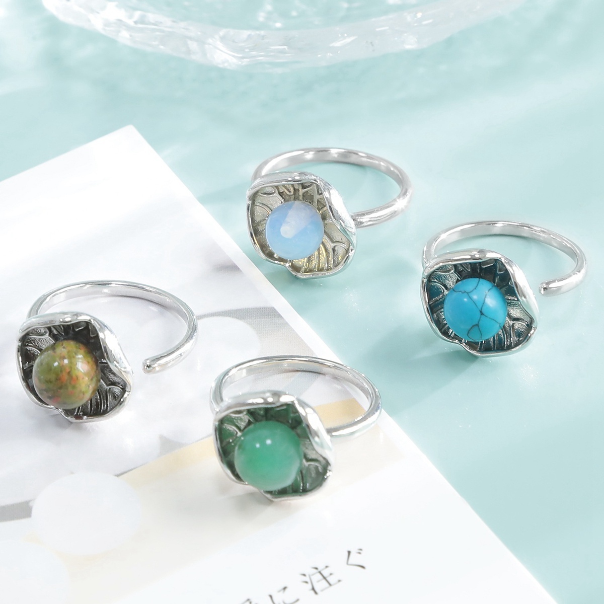 1 Pc Dainty Handmade Natural Crystal Dewdrop Lotus Leaf Adjustable Silver Ring Gemstone Jewelry