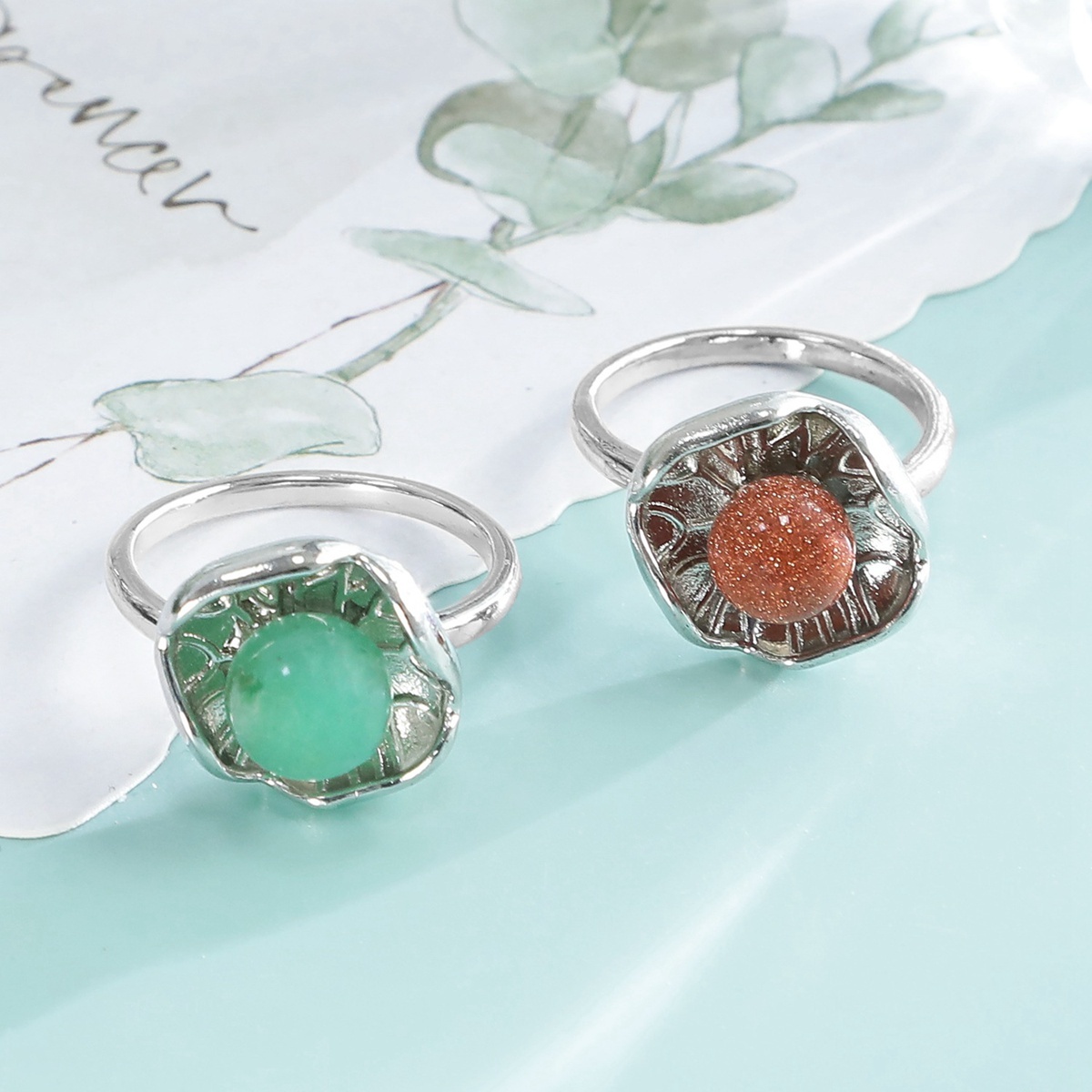 1 Pc Dainty Handmade Natural Crystal Dewdrop Lotus Leaf Adjustable Silver Ring Gemstone Jewelry