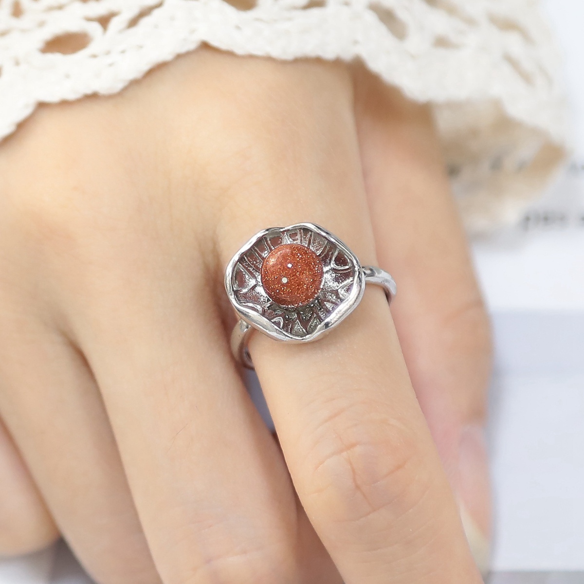 1 Pc Dainty Handmade Natural Crystal Dewdrop Lotus Leaf Adjustable Silver Ring Gemstone Jewelry