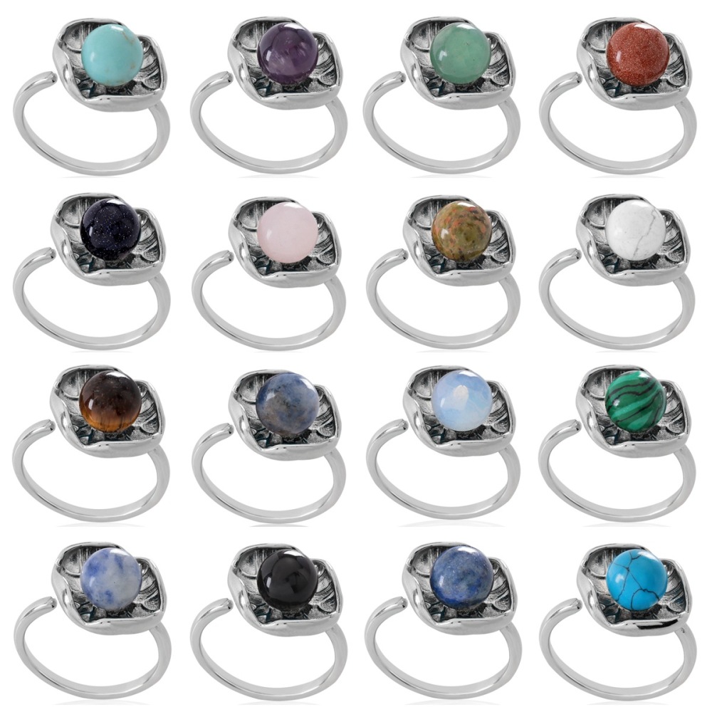1 Pc Dainty Handmade Natural Crystal Dewdrop Lotus Leaf Adjustable Silver Ring Gemstone Jewelry