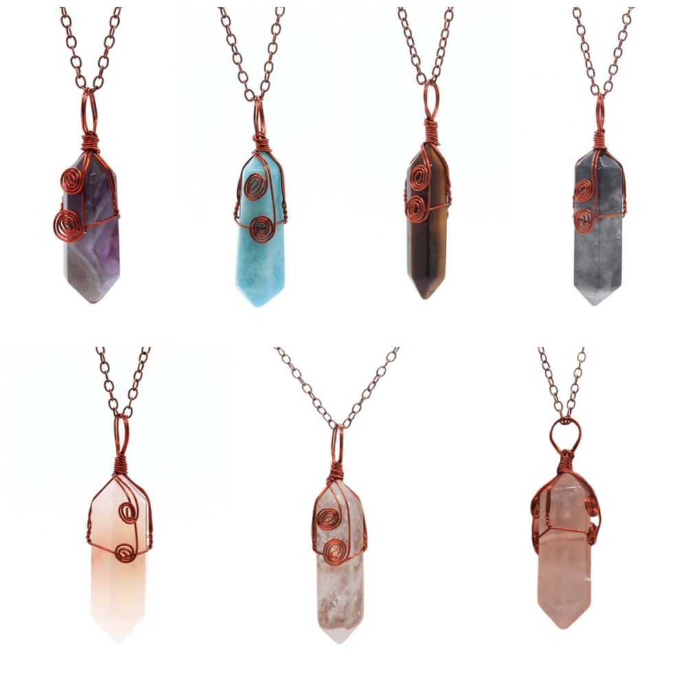 3 Pcs Irregular Double Hexagonal Pointed Wire Wrapped Healing Crystal Pendant Necklace Reiki Chakra Gemstone Necklace for Men Women