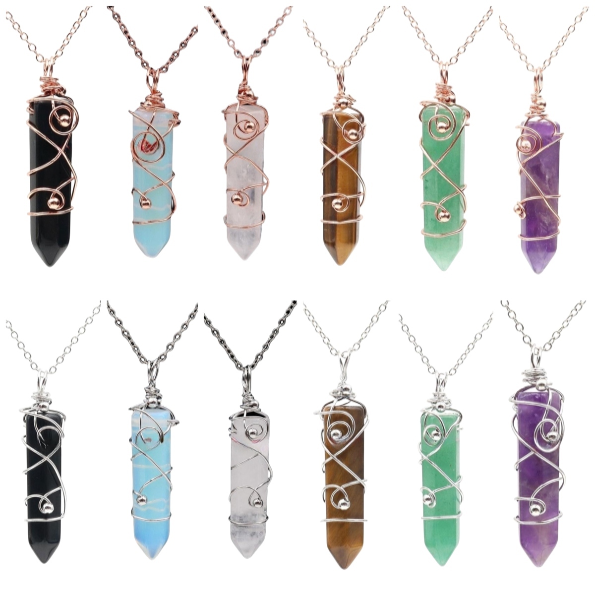 1 Pc Hexagonal Pointed Crystal Energy Stone Pendant Necklace Wire Wrapped Healing Crystal Necklace Reiki Chakra Gemstone Jewelry for Men Women