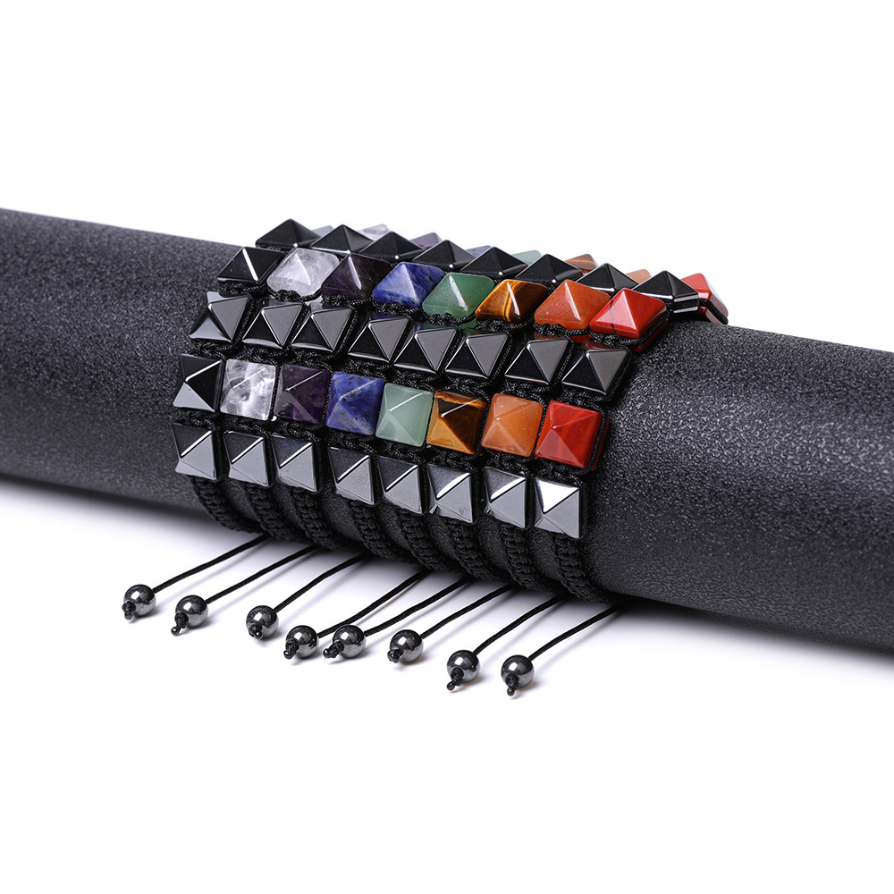 Handmade Woven Gemstone 10X10MM Pyramid Beads Hematite Bracelets Adjustable SB2071